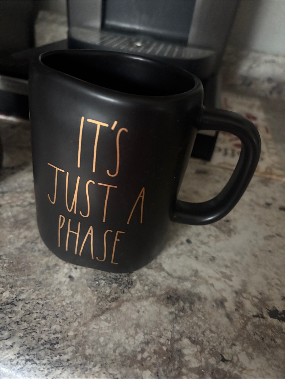Black Ceramic Mug with Gold Script - "It's Just A Phase"